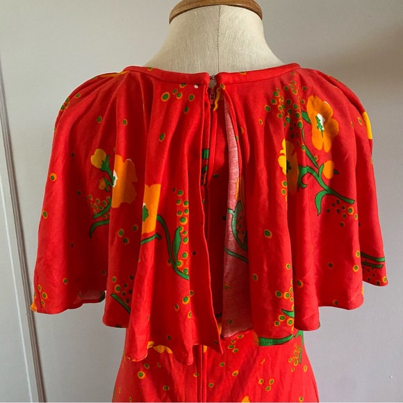 Vintage Leslie J bright red floral flower ruffle top maxi dress S Hawaiian - Picture 8 of 14